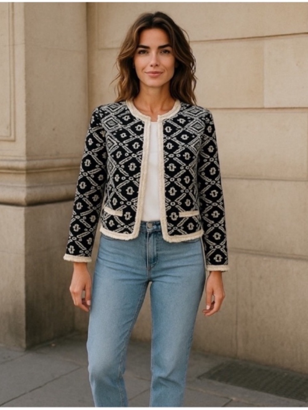 Atmosphere quilted black cream open front abstract bohemian  blazer jacket 8